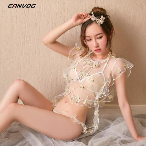 Hot Two-piece Ladies Sexy Lingerie Pajamas See-through Outfit Ruffle V-neck Dot Sexy Tank Tops Triangle Shorts Underwear Suit