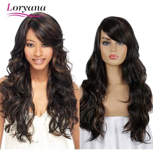 Loryana Fashtion Wavy Wigs Black Brown Middle Part Synthetic Wigs with Oblique Bangs Fake Hair For Women Long Hair Wigs