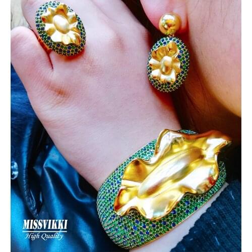 Missvikki Punk Shiny Surface Alloy Cuff Dubai Luxury Necklace Big Bangle Earrings Ring Jewelry Sets Women Wedding High Quality