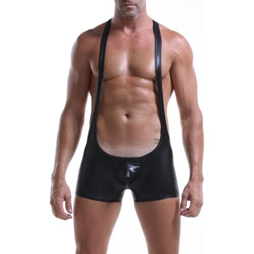 Mens Bodysuit Gay Undershirts PU Leather One-Piece Jumpsuits Wrestling Singlet Leotard Sexy Sexy Jockstrap Male Boxers Underwear