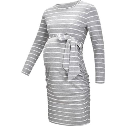 Autumn long-sleeved maternity dress, round neck striped waist fashion maternity dress, maternity home service, long-sleeved slim
