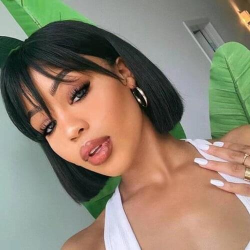 150 Density Short Hair Wig With Bangs Straight Bob 100% Human Hair For Black Women Peruvian Hair Remy Full Machine Made Wig
