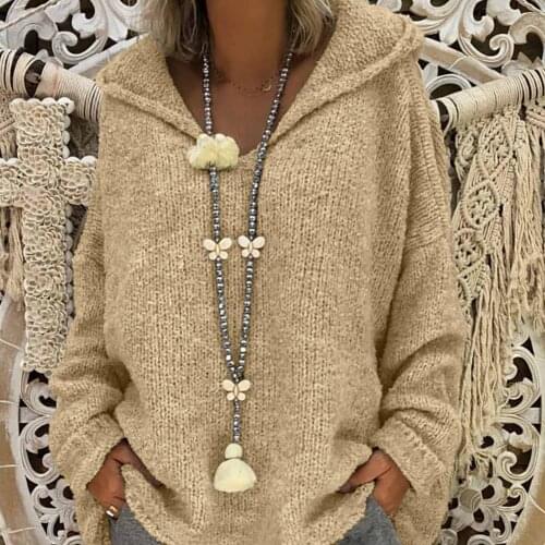 Simple Women Fashion Sweater Long Sleeve Hooded Knitted Sweater Loose Pullover Sweatshirt Top Oversized Autumn Winter Hooded