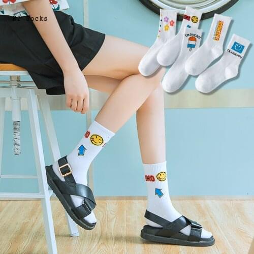 Simplicity Smiley Flower Sockings Cotton White Letter Harajuku Fashion Casual Sport Soft Cute Funny Happy Men and Women Socks