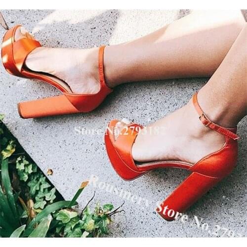 Newest Orange Satin Cloth Chunky Heel High Platform Sandals Ankle Buckle Strap Silk Fabric Thick Heel Sandals Club Dress Shoes
