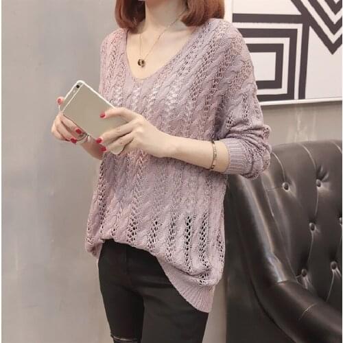 Spring Fashion Hollow Vintage Knitting Sweater Womens 2021 New Korean Loose Long-Sleeved V-Neck Pullover Sweaters Female A740