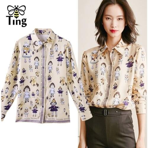 Tingfly Spring Autumn Fashion Childhood Print Button Up Casual Blouses Vintage Elegant Graphic Female Shirts Blusas женская одеж