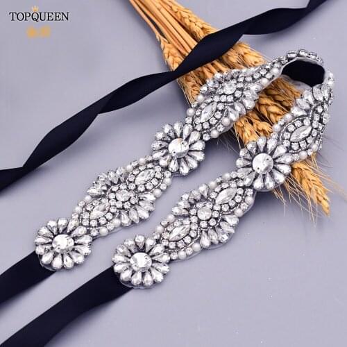TOPQUEEN S237 Luxury Wedding Dress Sash Womens Belt Rhinestones Embellished Belt Ladies Belt Fabric Sashes for Dress at Waist