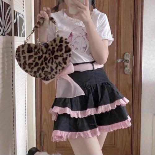 Summer Korean Fashion Cake Girl Skirt Japanese Style Cute Sweet Ruffled Lace Bandage Student High-Waisted A-Line Mini Skirts