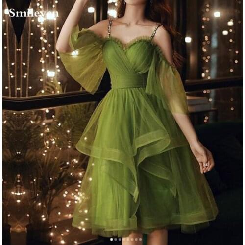 Smileven A Line Green Prom Dresses Knee Length Spaghetti Straps Prom Party Gowns Sweetheart Evening Gowns