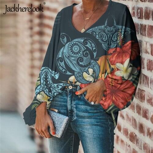 Jackherelook Women Blouse Lantren Sleeve Top Hawaii Turtle Polynesian Tribal Hibiscus Plumeria Print Casual Shirt Blusas