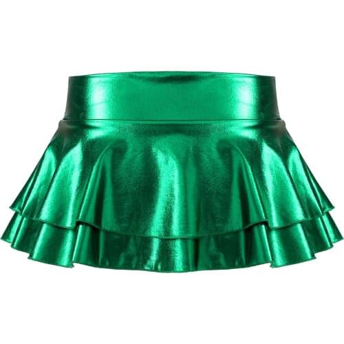 Womens Rave Mini Skirts Shiny Metallic Low Rise Double Layered Ruffled Mini Skirt for Pole Dancing Raves Festivals Costumes