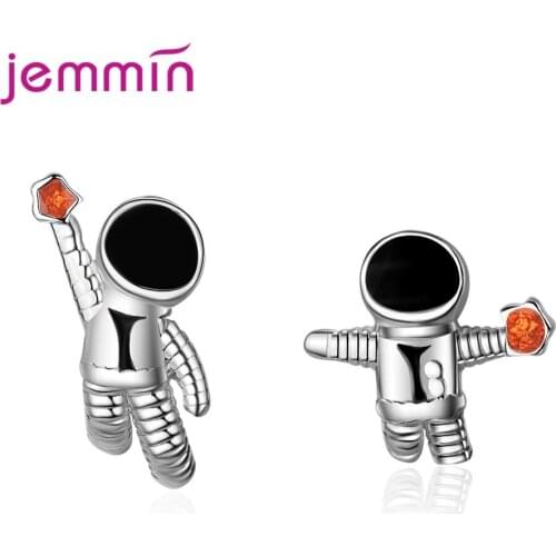 Cute Funny Astronaut 925 Sterling Silver Stud Earrings For Women Birthday Gift Cubic Zirconia Piercing Jewelry