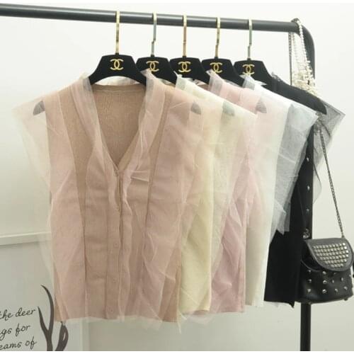 [Alphalmoda] 2017 Summer Korean Fashion Gauze Patchwork V Collar Womens Graceful Sleeveless Sweater Cardigans Single Breasted