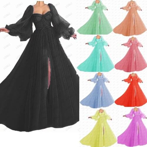LO&LI Long Puff Sleeves Prom Dresses Pleats Chiffon Princess Evening Gowns Women Party Dress Plus Size 2021