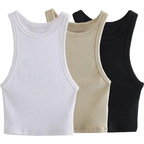 ZXQJ Women 2021 Sweet Fashion Stretch Slim Cropped Knitted Blouses Vintage O Neck Sleeveless Straps Female Shirts Chic Tops