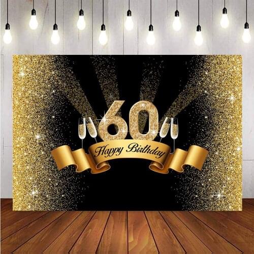 0th Birthday Backdrop Golden Black Champagne Happy 60 Birthday Background Vinyl 60th Party Banner Supplies Sixty Backdrops prop