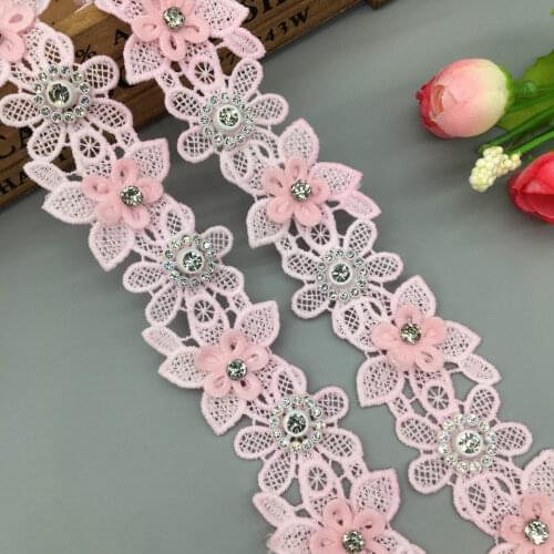 1 yard Polyester Pink Pearl Rhinestones Flower Embroidered Lace Trim Ribbon Applique DIY Manual Wedding Sewing Craft Decoration