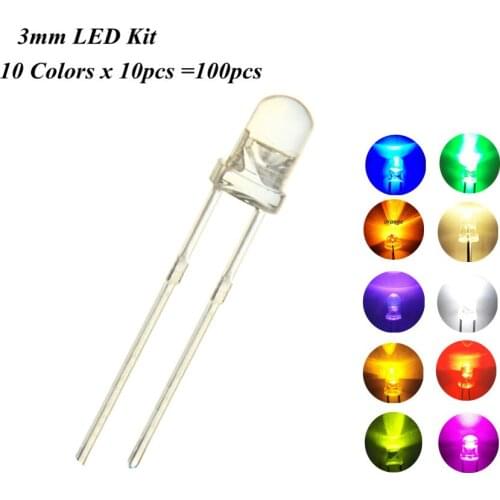 100pcs 3mm F3 Diffused chip LED Light Lamp Assorted Kit Set Warm White Red Green Blue Yellow Orange Ultra Bright 20mA DIP LEDS