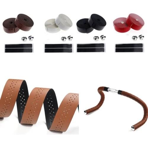 2 rolls Retro Bike Handlebar Tape PU Leather Road Bicycle Handlebar Grip Wraps Bar + 2 Bar End Plugs Holes Cycling Accessories