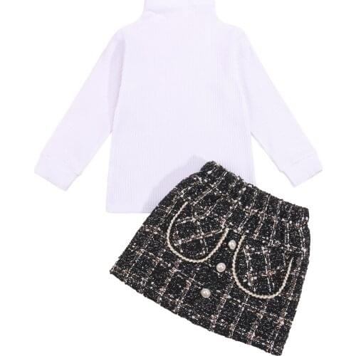 2PCS Toddler Baby Girls Fall Cotton Outfits Solid Color Long Sleeve Rib Knit Tops Pocket Button Mini Skirt Casual Set
