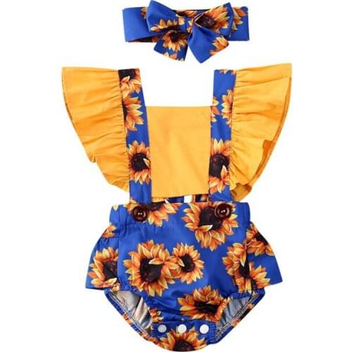 2020 Infant Baby Girl Bodysuits Headband Sunflower Print Ruffles Short Sleeve Backless Jumpsuit Headwear 2PCS Outfits Summer