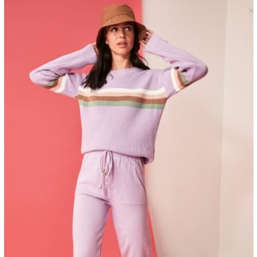 2021 Women Lilac Striped Knitwear Sweater Pant Sub-Top Suit outwear Home Wear soft fashion knitted 2 piece sweater pants green