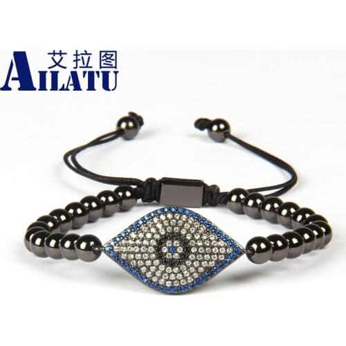 Ailatu Jewelry Wholesale 10pcs/lot 6mm Brass Beads Micro Paved High Quality Turkish Lucky Eye Macrame Bracelets