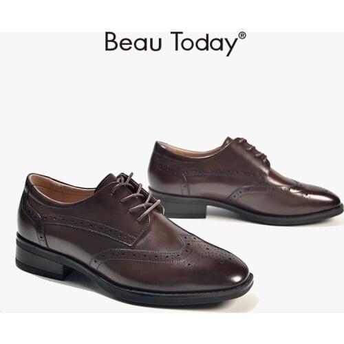 Brogue Shoes Women Genuine Cow Leather Wingtip Square Toe Lace-Up Derby Dress Shoes Ladies Flats Handmade BeauToday 21484