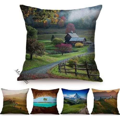 Nordic Natural Scenery Style Sofa Pillow Case Rural Landscape Fresh Home Decoration Square Cushion Cover Cotton Linen Kussenhoes