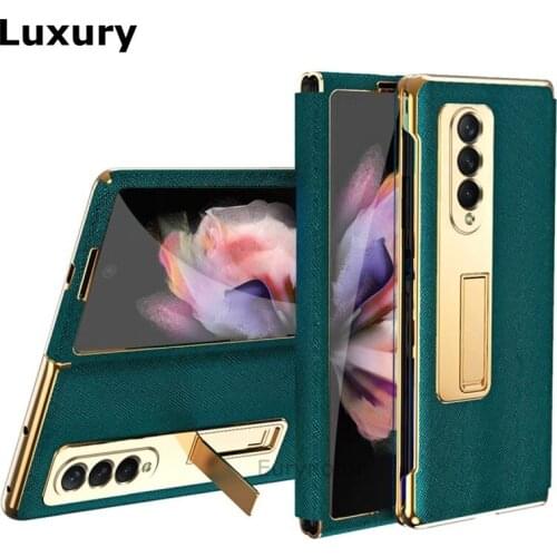 Metal Ring Case For Samsung Galaxy Z Fold 3 2 Plating Plastic Holder Shockproof Phone Luxury High Flip PU Leather Z Fold 3 Cover