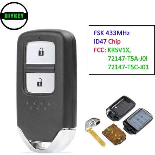 DIYKEY Remote Key Fob FSK 433Mhz ID47 for Honda City Crider Jazz Shuttle 2014-2018 FCC: KR5V1X, 72147-T5A-J0I / 72147-T5C-J01