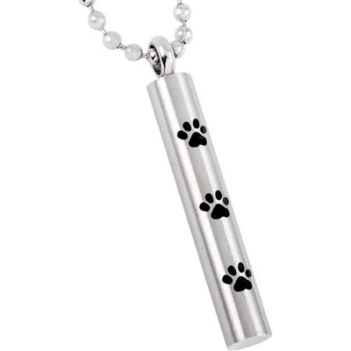 IJD8347 Tube Shape Cremation Urn Pendant for Pet Stainless Steel Paw Print Cylinder Keepsake Memorial Ashes Necklace Unisex