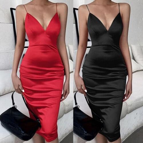 Hot Sales Women Deep V-neck Spaghetti Strap Solid Color Sling Satin Bodycon Dress Midi Dress Sundress for Cocktail Party