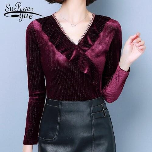 Fashion Solid Long Sleeve Backing Shirt Women Blouses and Tops 2021 Spring V-Collar Ladies Shirt Ruffles Sexy Slim 8140 50