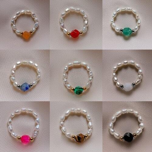 Momiji Irregular Freshwater Pearl Beads Rings for Women Faceted Natural Stone Handmade Boho Jewelry Gift Elastic Adjustable