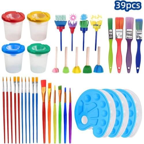 39 Pcs Kid Drawing Kit with 20pcs Painting Brushes, 6pcs Paint Palette, 4pcs Cups, 9 Pieces Sponge Sticks