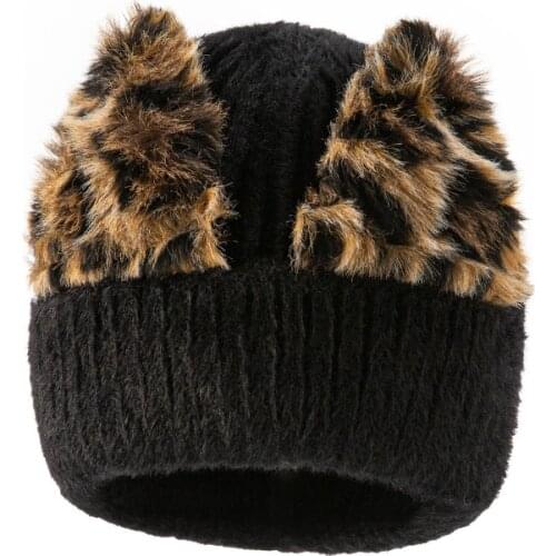 New fashion adult hat with leopard ears, warm autumn and winter ladies woolen hat