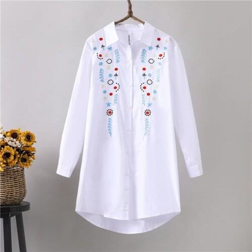 2021 New Spring Summer Cotton Mid-length Literary Embroidery Embroidered Shirt Womens Long-sleeved Korean Loose Bottoming Shirt