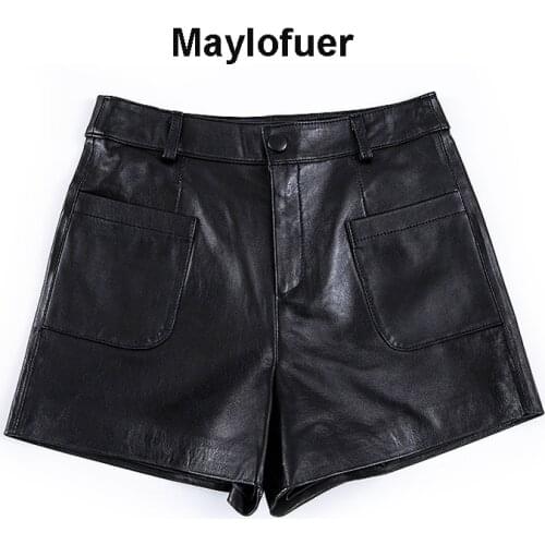Sheepskin Withered England Style Vintage Real Leather High Waist Shorts Women Casual Bermuda Loose Short Feminino Women Short