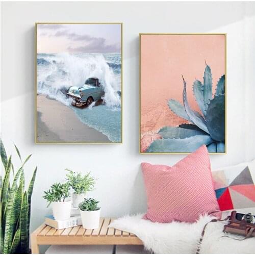 Yumeart Tropical Wall Decoration Blue Car Water Wave Canvas Prints Plant Art Cactus Cactus Oil Painting Mural Picture Poster