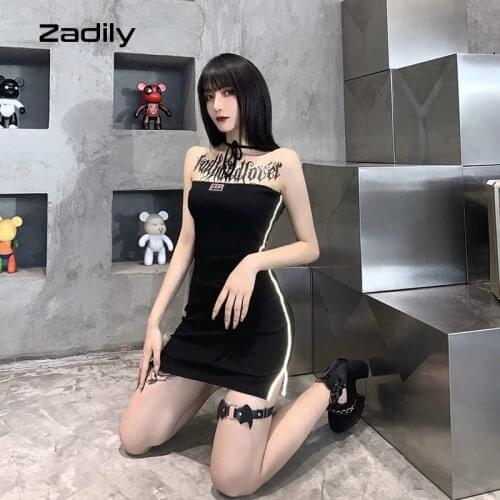 Zadily Y2K Sleeveless Halter Bodycon Mini Dress Women Sexy Luminous Wear On Both Sides Black Dress 2021 Summer Club Clothing