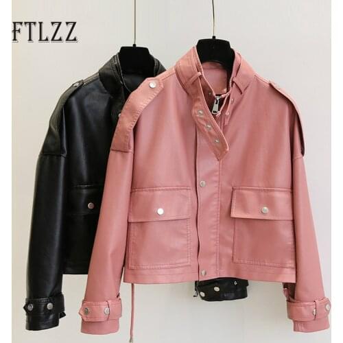 Motorcycle Biker Jacket Women Korean Street Punk Leather Coat Ladies Big Pocket Zipper Pink Leather Jacket Female Pvc Outwear