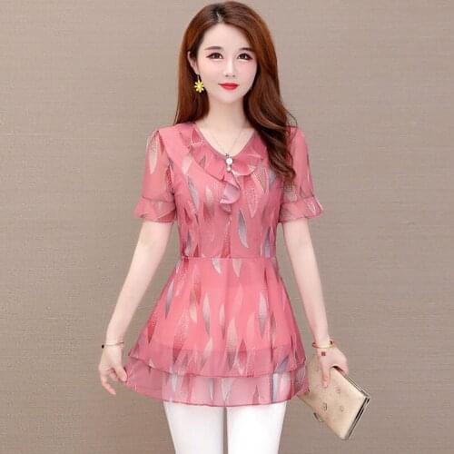 Women Spring Summer Style Chiffon Blouses Shirts Lady Casual V-Neck Short Flare Sleeve Printed Blusas Tops ZZ0472