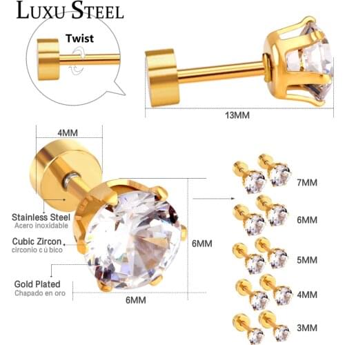 LUXUSTEEL Stainless Steel Round Cubic Zirconia Women Female Accessories Collier Gold Screw Stud Earrings Party Wedding