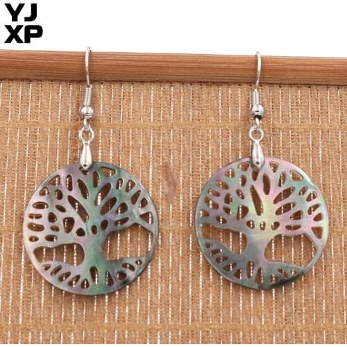 YJXP 20X20mm Natural Black Shell Hollowing Out Tree of Life Earring Women Elegant Earrings Charm Jewelry 1Pair
