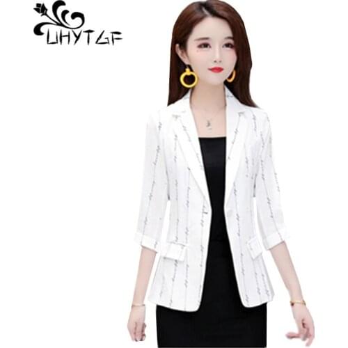 UHYTGF Women Small Suit Summer Jacket Fashion Striped Casual Short Coat Female White Black Red Thin 3XL Plus Size Outerwear 1648