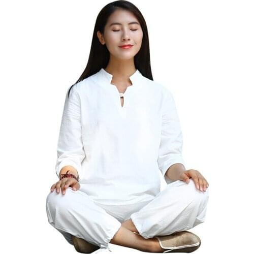 Women Yoga Tai Chi Suit Cotton Linen Loose Yoga Shirts Wide Leg Yoga Pant Female Casual Meditation Suit Martial Yoga Clothes Set