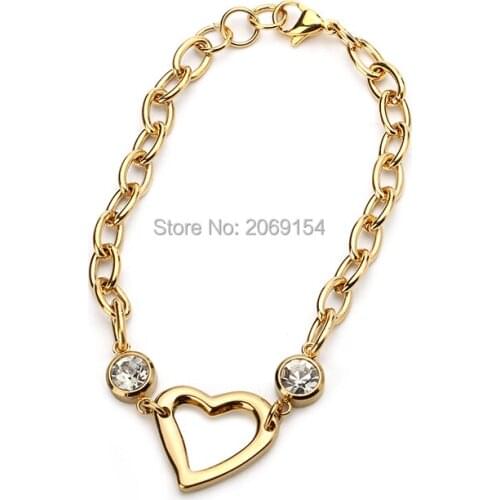 Women Charm Bracelet Fashion Jewelry Stainless Steel Chain Link Bracelet & Bangle Vintage Wristband Heart Crystal Bangle