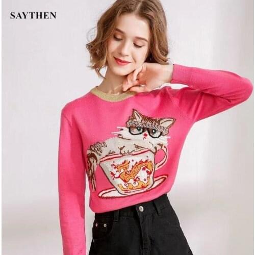 SAYTHEN Autumn Jumper Sueter Mujer Runway Design Knitted Pullover Fashion Long Sleeve Dragon Jacquard Winter Lady Pink Sweater